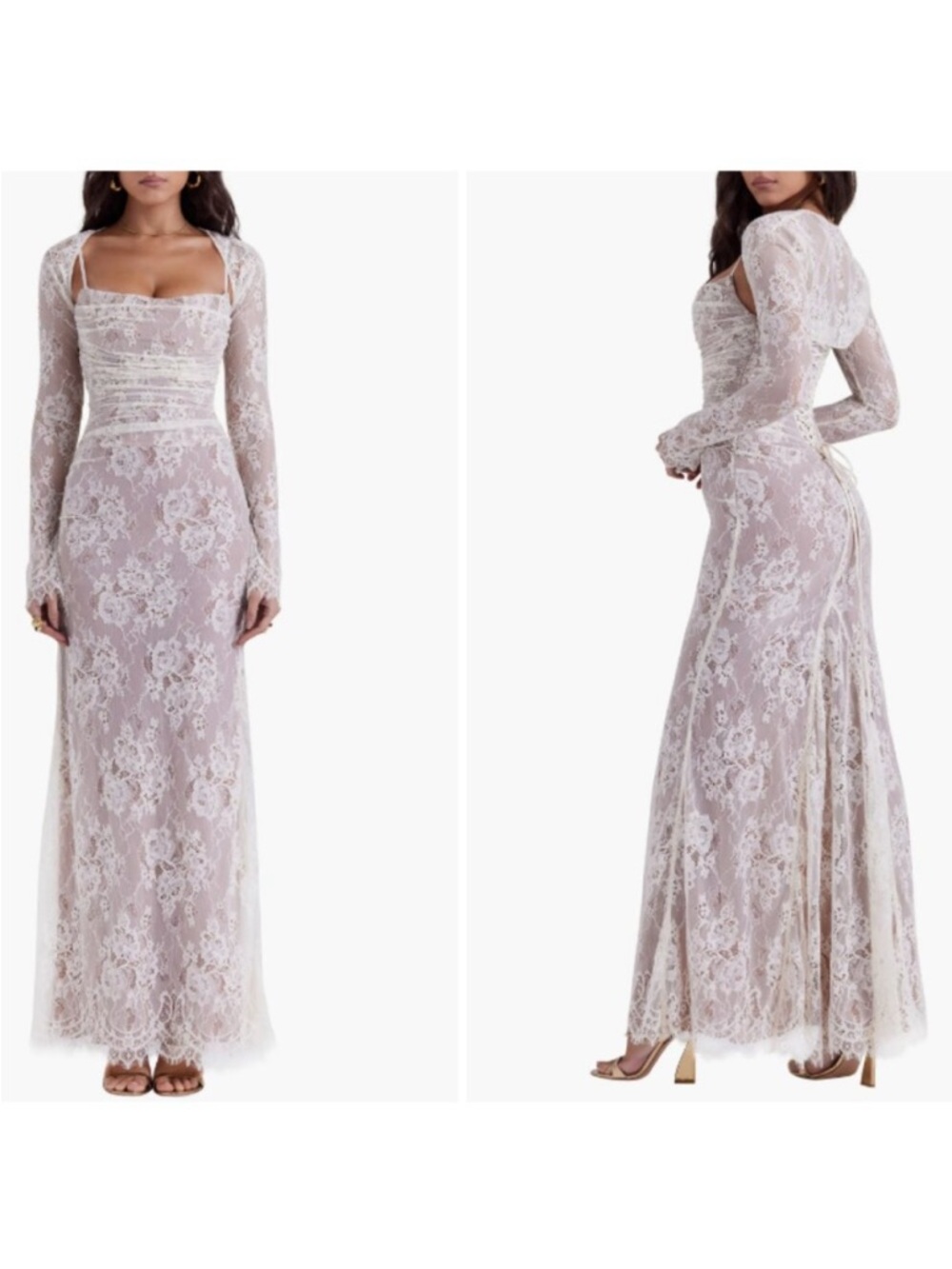 House of CB Lace Long-Sleeve Maxi Dress in Blush Pink